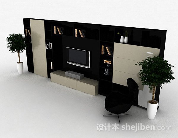 免费现代风格时尚黑色电视背景墙3d模型下载
