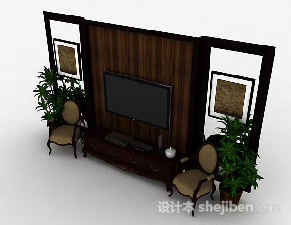 免费中式风格棕色木质电视柜3d模型下载