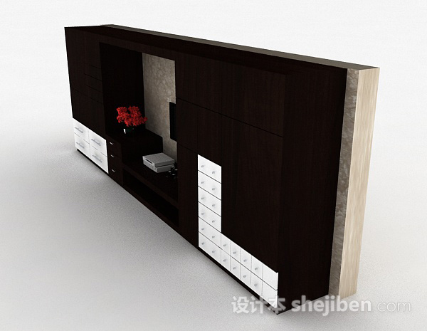 免费现代风木质棕色电视背景墙3d模型下载