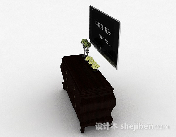 设计本中式风格深棕色木质电视储物柜3d模型下载