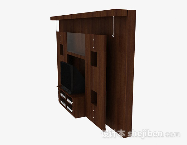 免费现代风格棕色木质花纹电视背景墙3d模型下载