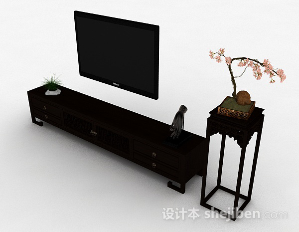 免费中式风格黑色雕花电视柜3d模型下载
