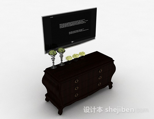 中式风格深棕色木质电视储物柜3d模型下载