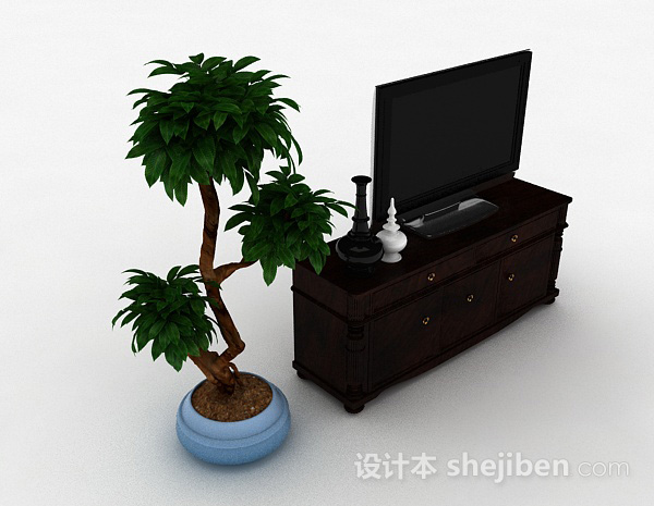 欧式风格木质黑色电视柜3d模型下载
