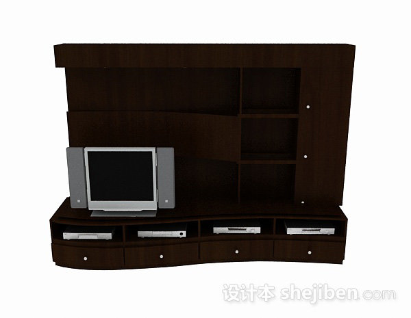 现代风格现代深棕色木质电视背景墙3d模型下载