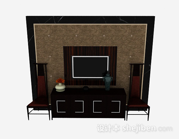 中式风格中式风格黑色木质电视储物柜3d模型下载