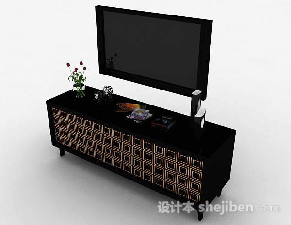 免费中式风格黑色电视储物柜3d模型下载