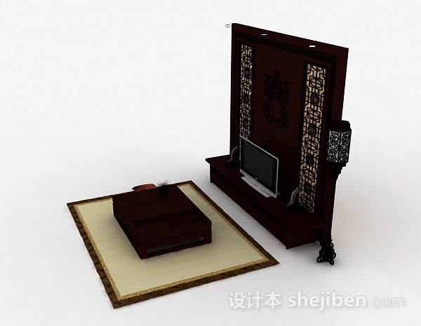 免费中式传统木质雕花电视背景墙3d模型下载