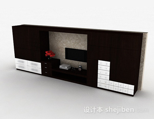 现代风格现代风木质棕色电视背景墙3d模型下载