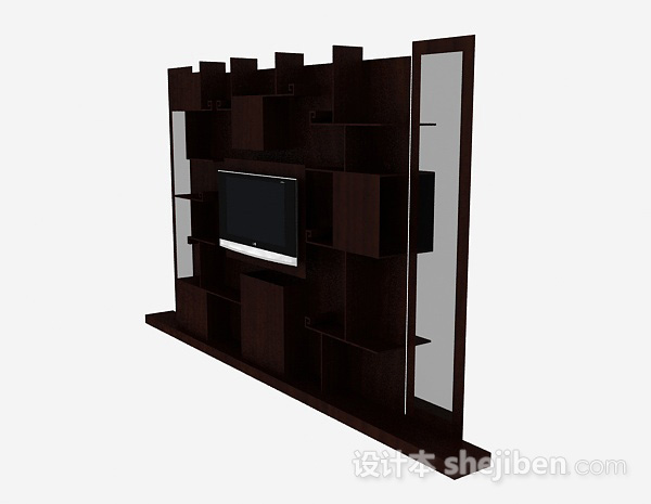 免费中式深棕色木质电视背景墙3d模型下载