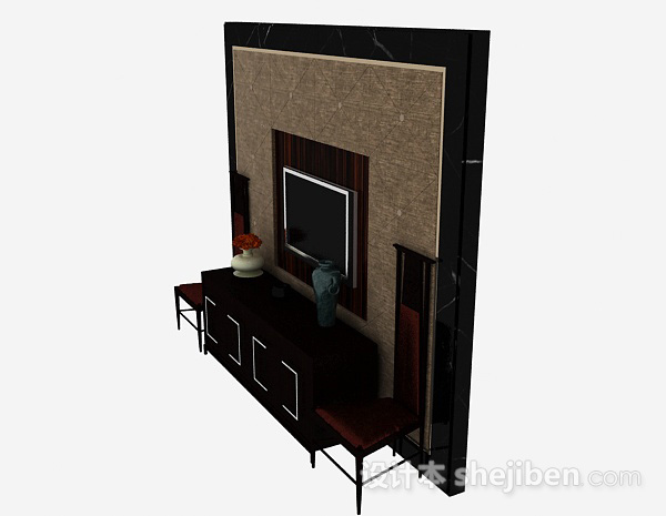 设计本中式风格黑色木质电视储物柜3d模型下载