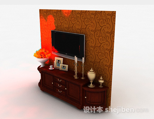免费欧式奢华木质电视背景墙3d模型下载