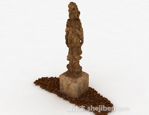 免费中式棕色人像雕塑3d模型下载
