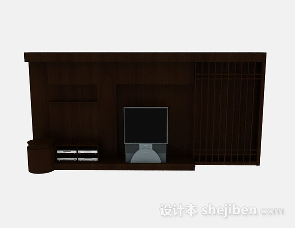 中式风格中式造型木质深棕色电视背景墙3d模型下载