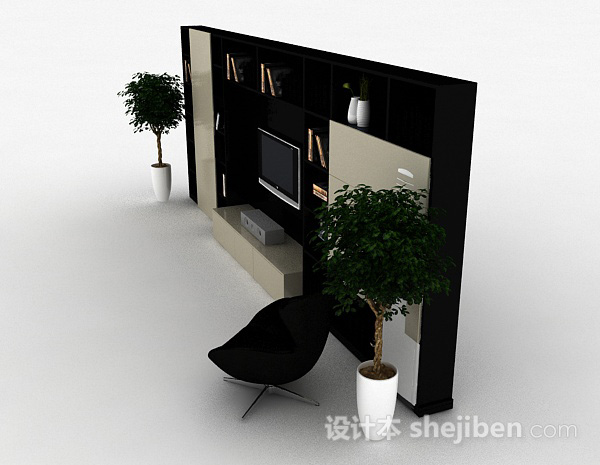 设计本现代风格时尚黑色电视背景墙3d模型下载