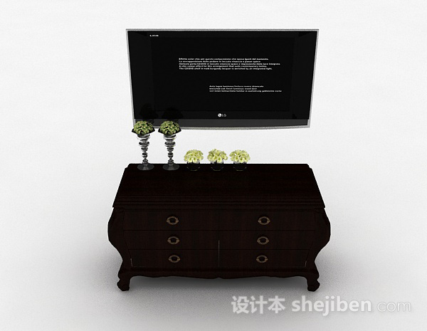 中式风格中式风格深棕色木质电视储物柜3d模型下载