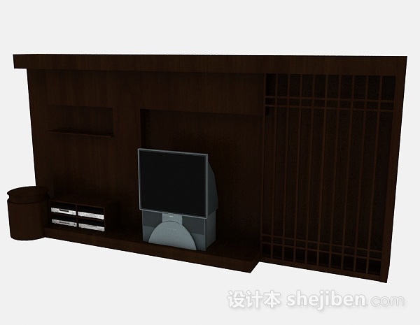 免费中式造型木质深棕色电视背景墙3d模型下载