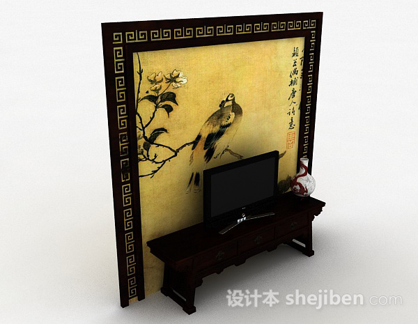 中式传统木质棕色电视柜3d模型下载