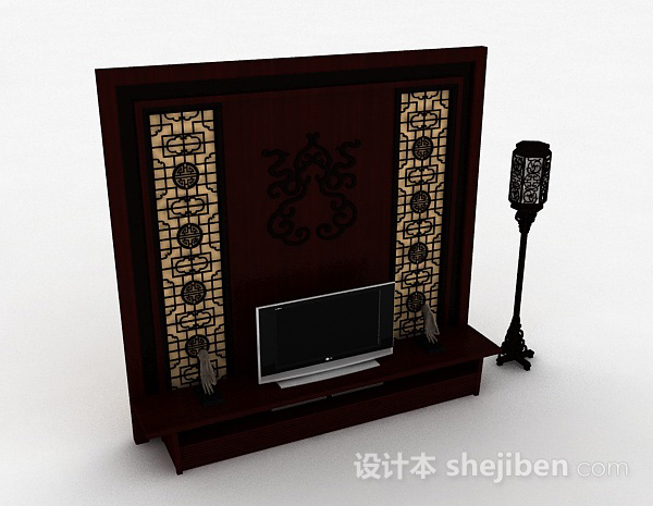 中式枣红色木质电视背景墙3d模型下载