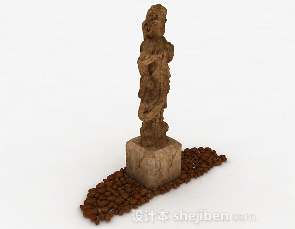 中式棕色人像雕塑3d模型下载