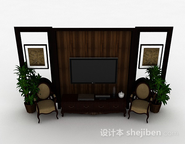 中式风格中式风格棕色木质电视柜3d模型下载