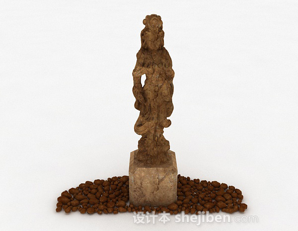 中式风格中式棕色人像雕塑3d模型下载