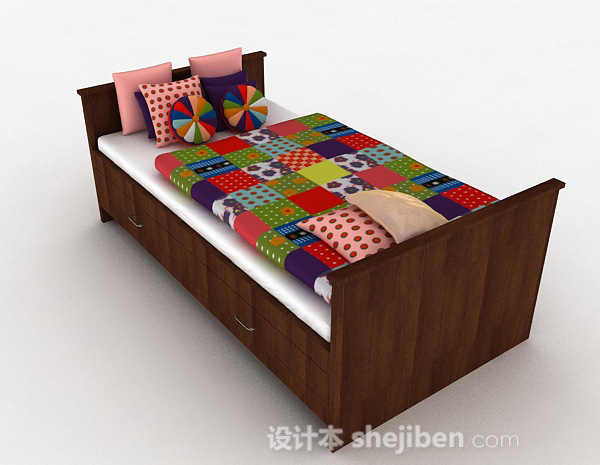 木质单人床3d模型下载