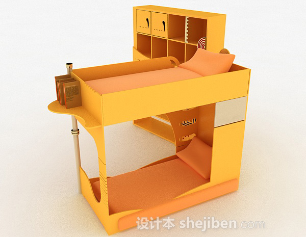 免费暖黄色组合上下层单人床3d模型下载