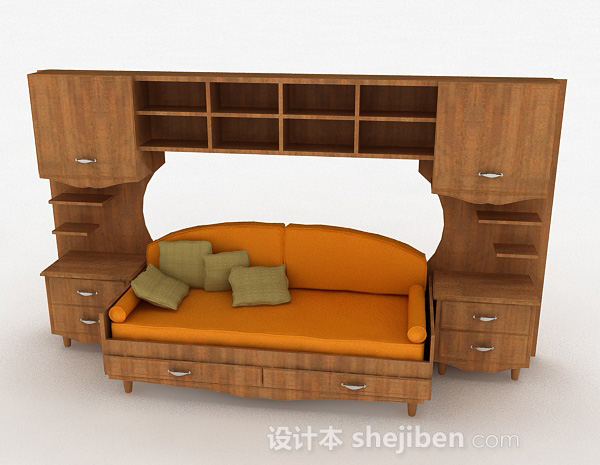现代风格木质家居棕色双人沙发3d模型下载