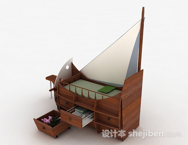 免费帆船儿童单人床3d模型下载