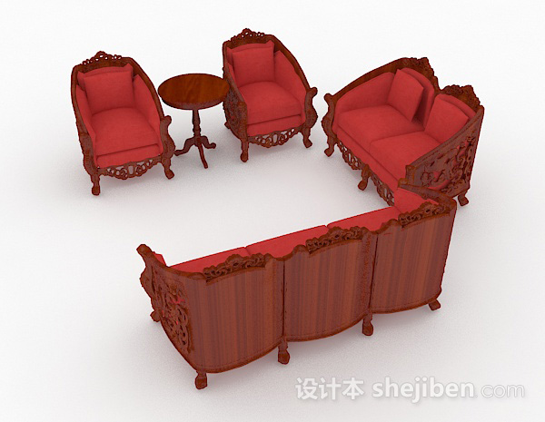 免费中式红色木质组合沙发3d模型下载