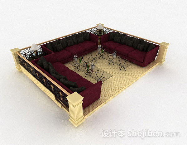 免费欧式红色客厅多人组合沙发3d模型下载