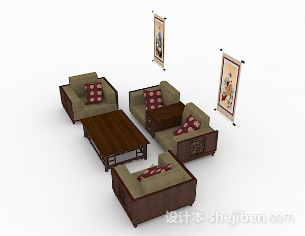 设计本中式木质棕色组合沙发3d模型下载