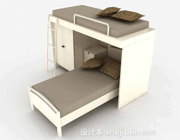 免费现代白色木质双层床3d模型下载