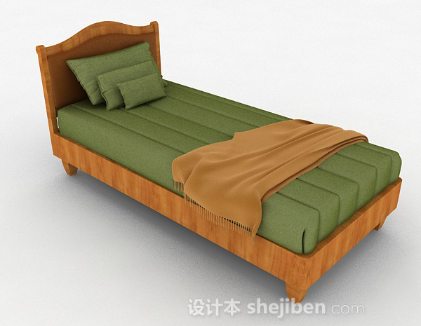 绿色木质单人床3d模型下载