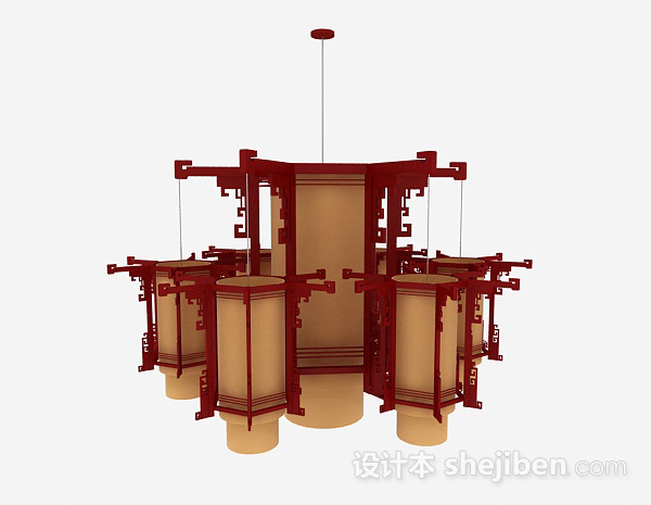 设计本中式风格红色六边形吊灯3d模型下载