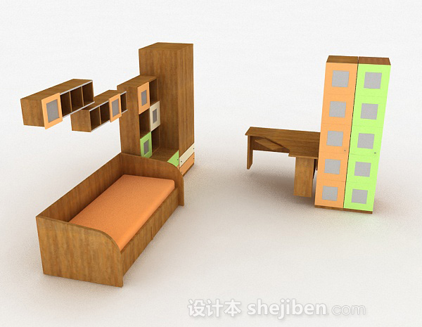 免费浅棕色组合床和衣柜3d模型下载