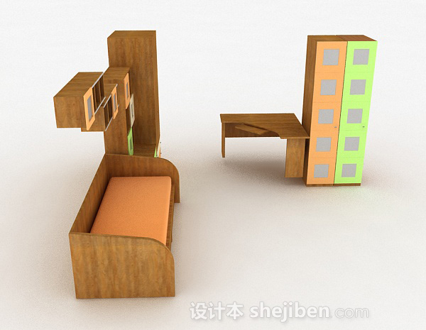设计本浅棕色组合床和衣柜3d模型下载