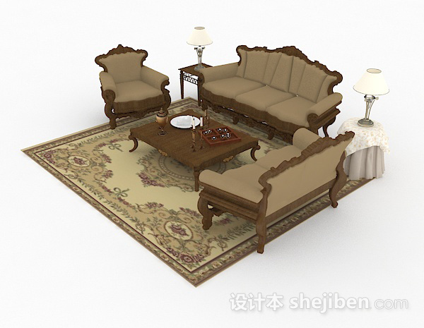 欧式风格欧式棕色木质组合沙发3d模型下载