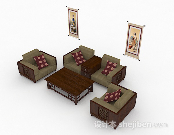 免费中式木质棕色组合沙发3d模型下载