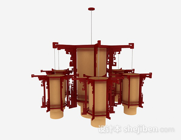免费中式风格红色六边形吊灯3d模型下载