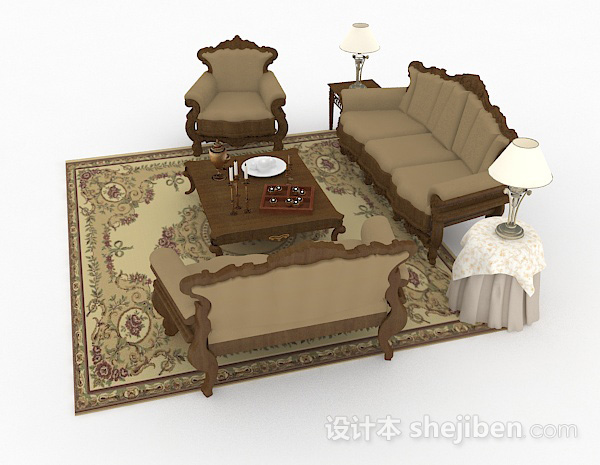 免费欧式棕色木质组合沙发3d模型下载
