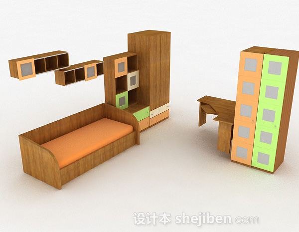 现代风格浅棕色组合床和衣柜3d模型下载
