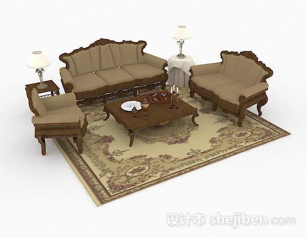 欧式棕色木质组合沙发3d模型下载