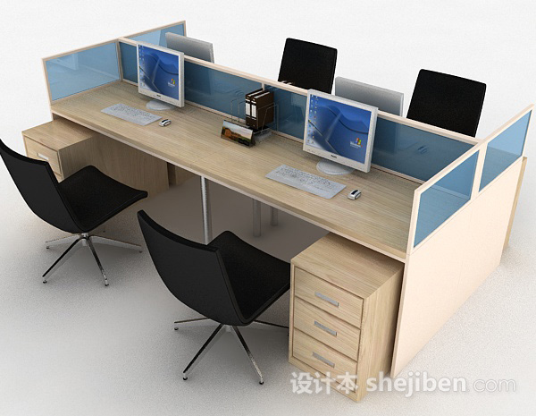 免费浅木色办公室桌椅组合3d模型下载