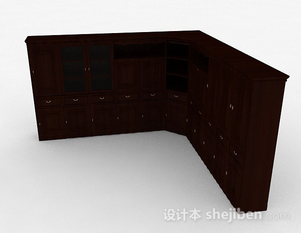 免费棕色木质转角多门展示柜3d模型下载