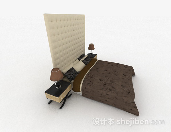 免费棕色双人床3d模型下载