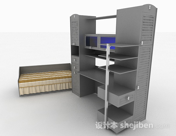 现代风格单人床柜组合3d模型下载