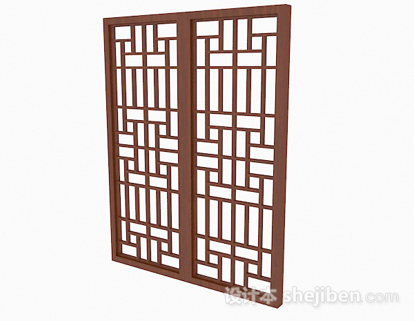 中式风格枣红色镂空木质推拉门3d模型下载