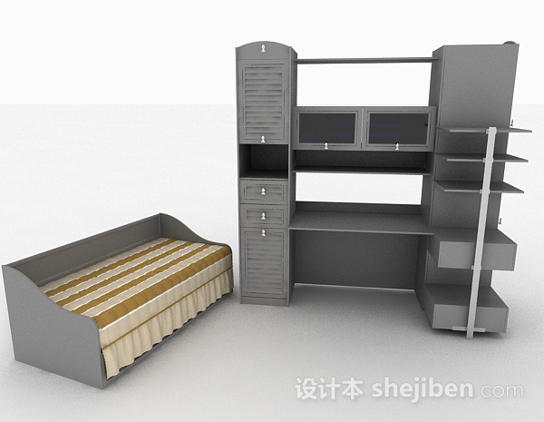 设计本单人床柜组合3d模型下载